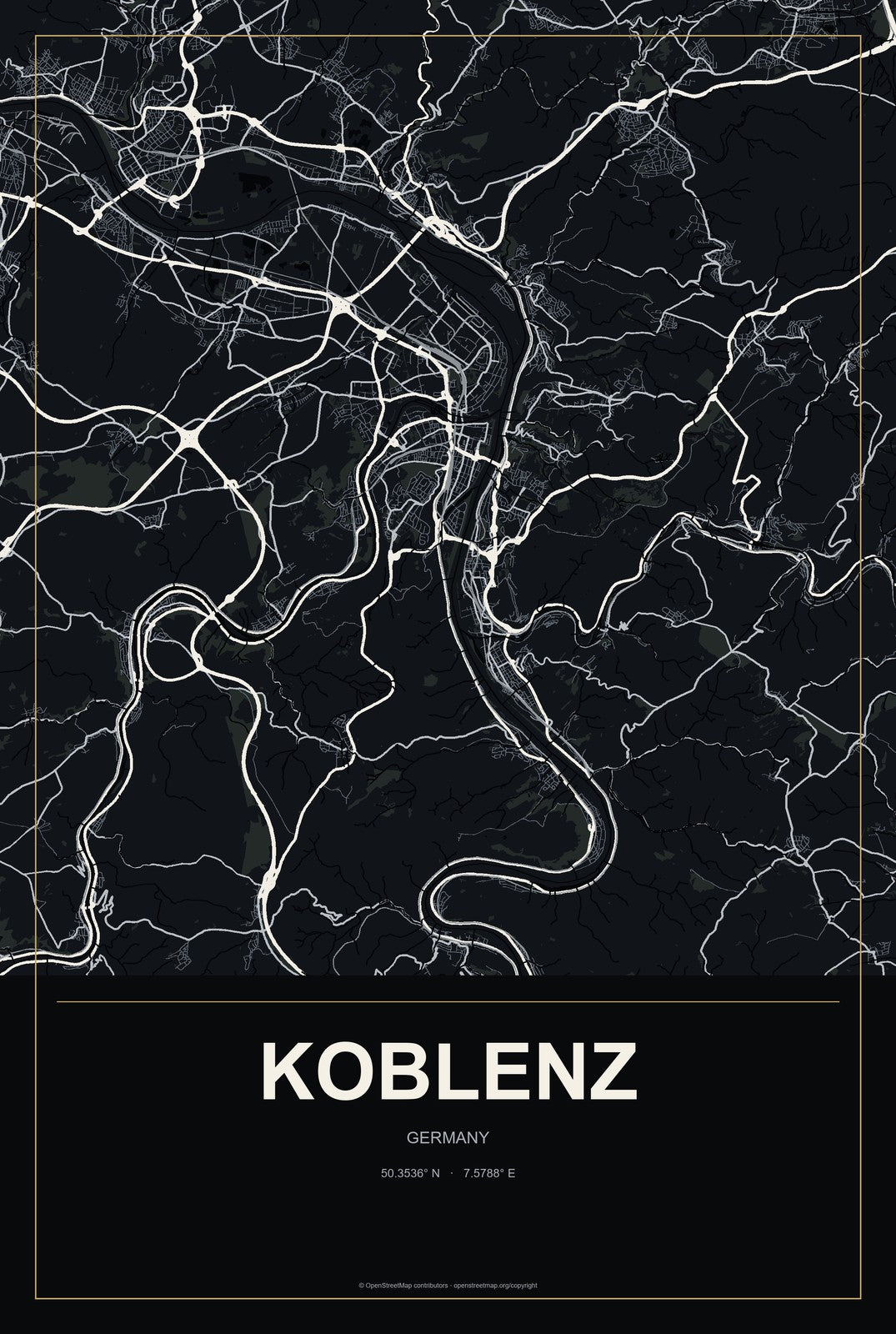 Koblenz, Germany City Map Aluminum Sign in Metropolitan Noir style