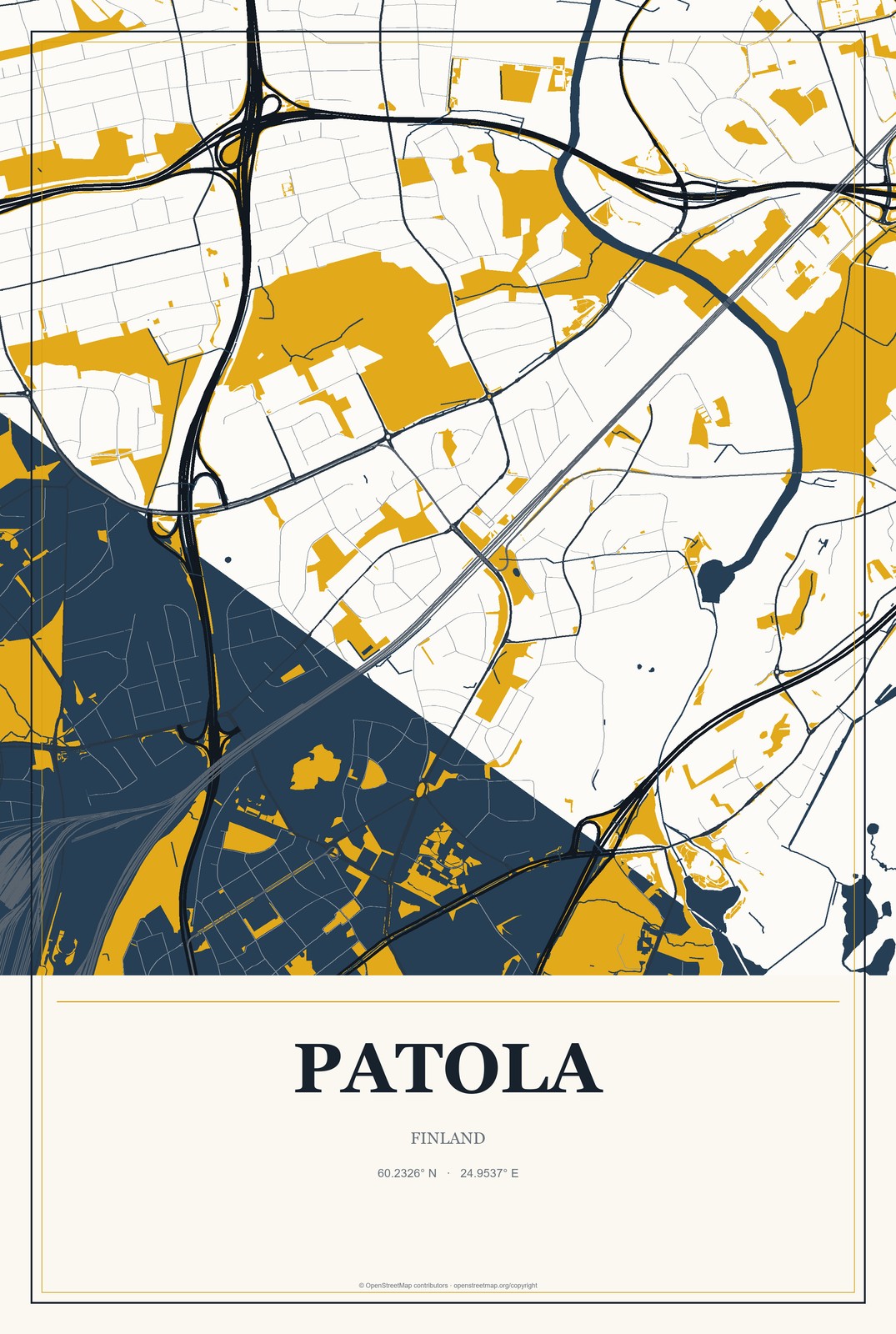 Patola, Finland City Map Aluminum Sign in Citrine Modern style