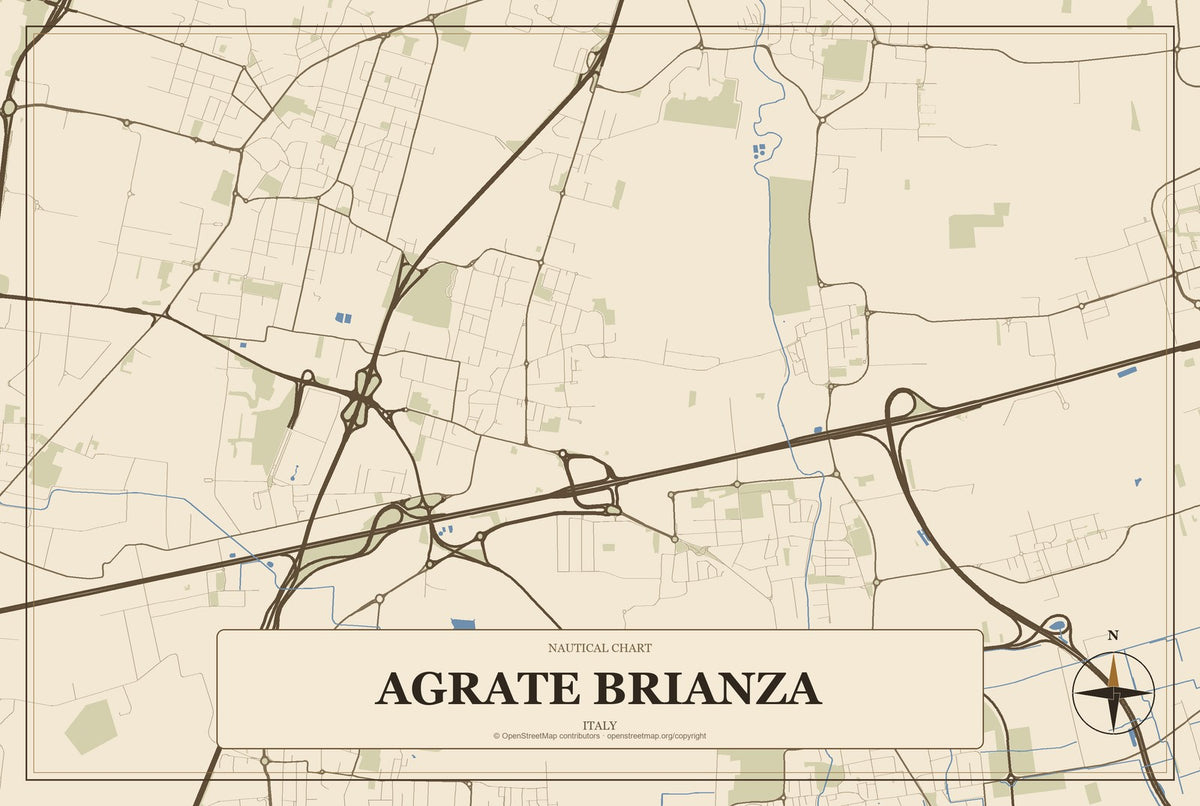 Agrate Brianza, Italy City Map Aluminum Sign in Heritage Nautical style