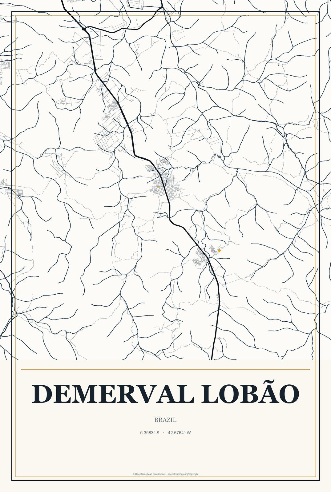 Demerval Lobão, Brazil City Map Aluminum Sign in Citrine Modern style