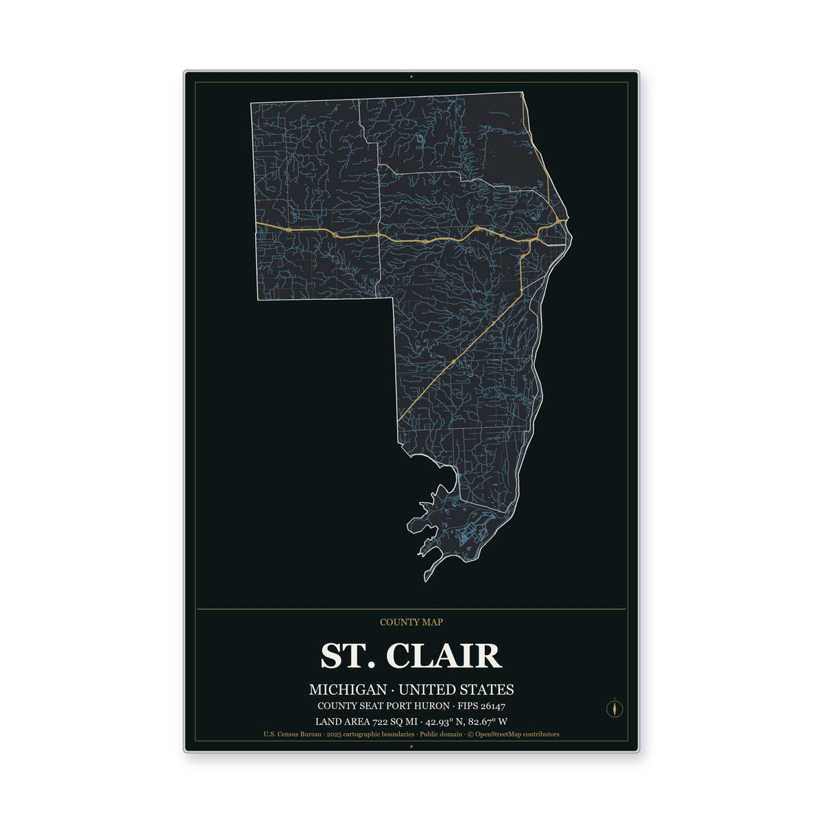 St. Clair County, Michigan Map Aluminum Sign in Metropolitan Noir style