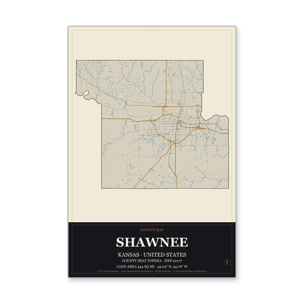 Shawnee County, Kansas Map Aluminum Sign in Museum Plaque style