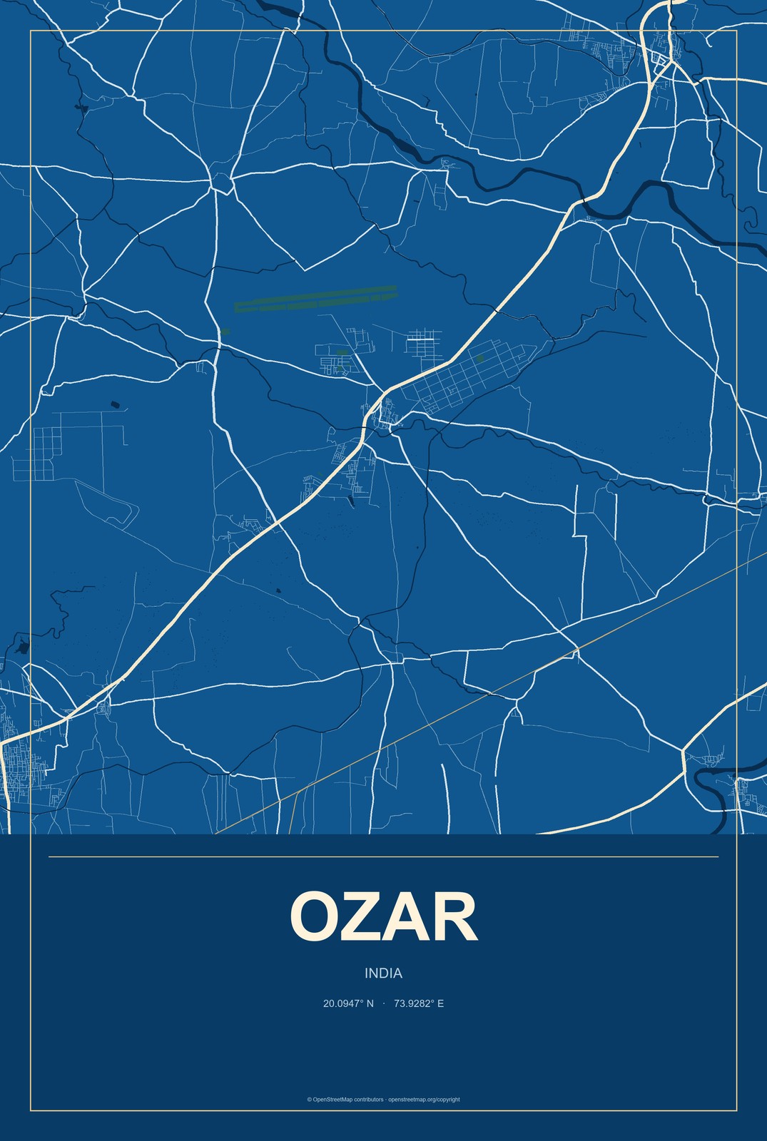 Ozar, India City Map Aluminum Sign in Harbor Cobalt style