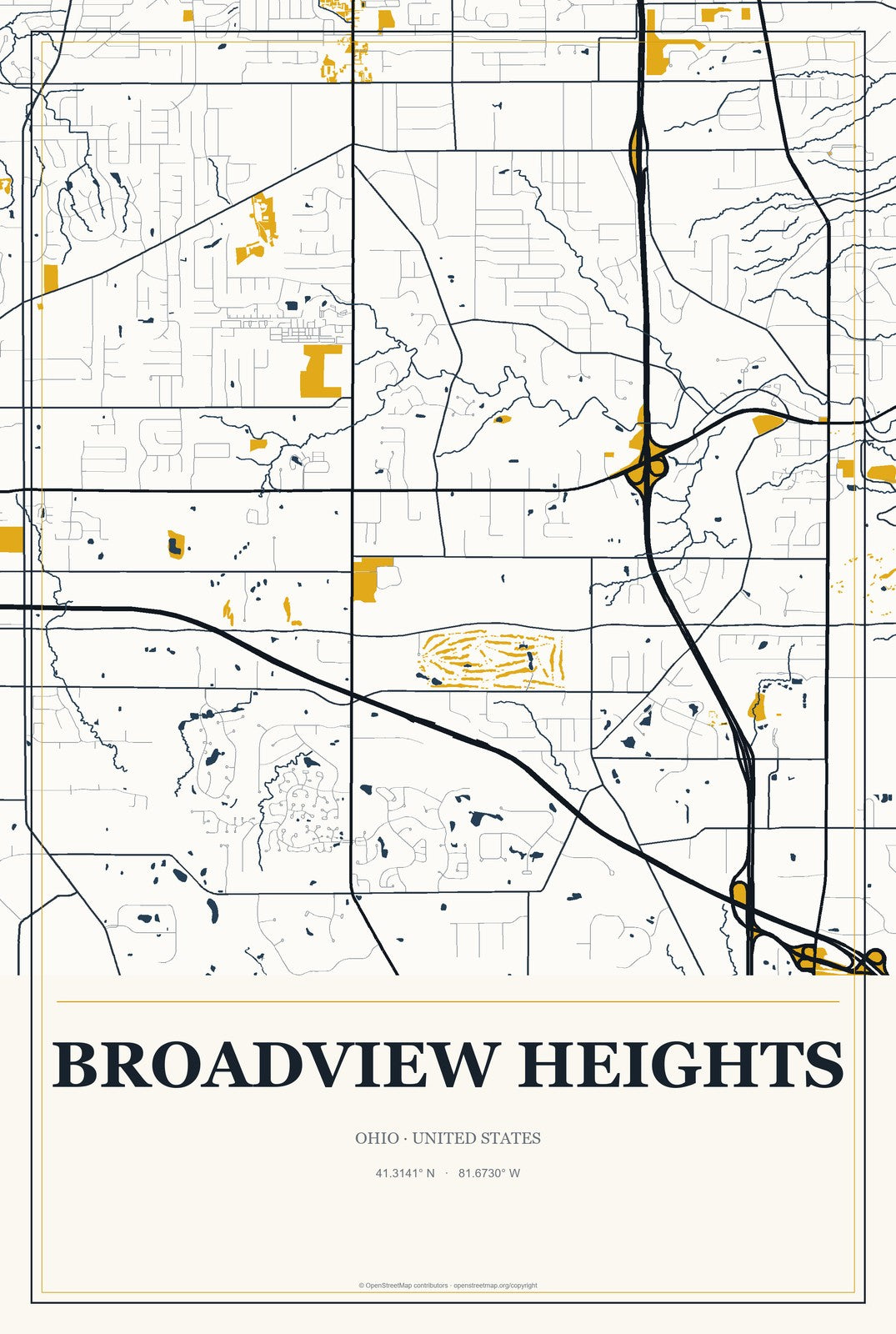 Broadview Heights, Ohio City Map Aluminum Sign in Citrine Modern style
