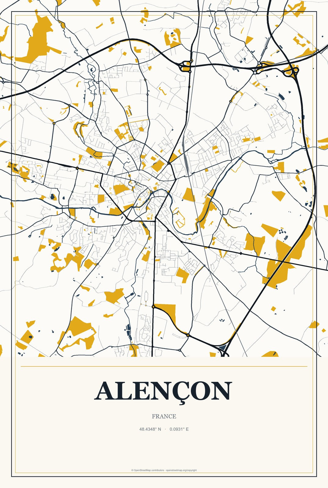 Alençon, France City Map Aluminum Sign in Citrine Modern style