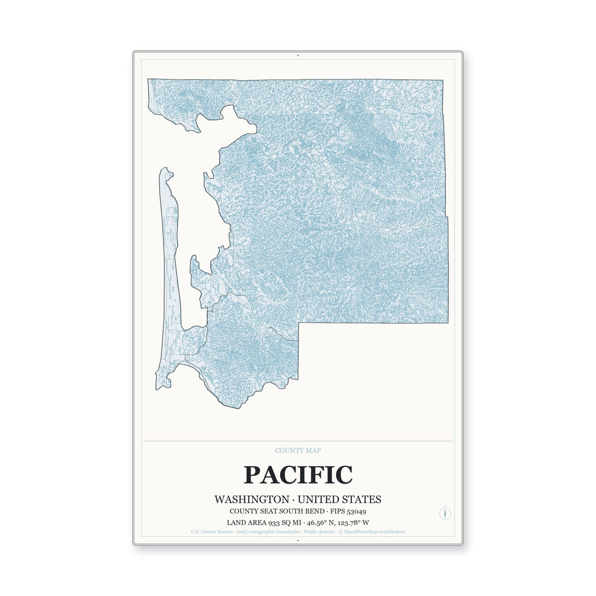 Pacific County, Washington Map Aluminum Sign in Gallery Air style