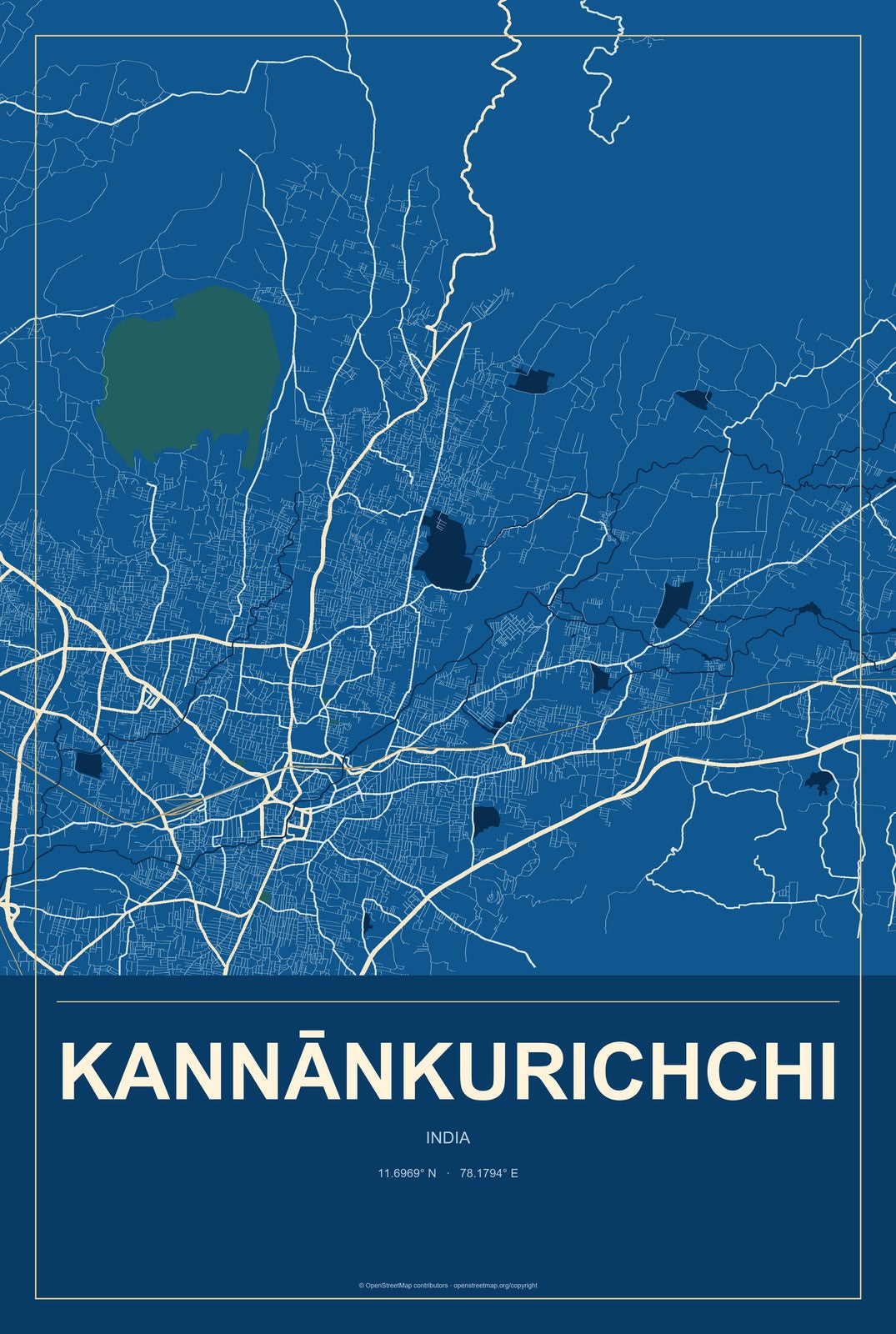 Kannānkurichchi, India City Map Aluminum Sign in Harbor Cobalt style