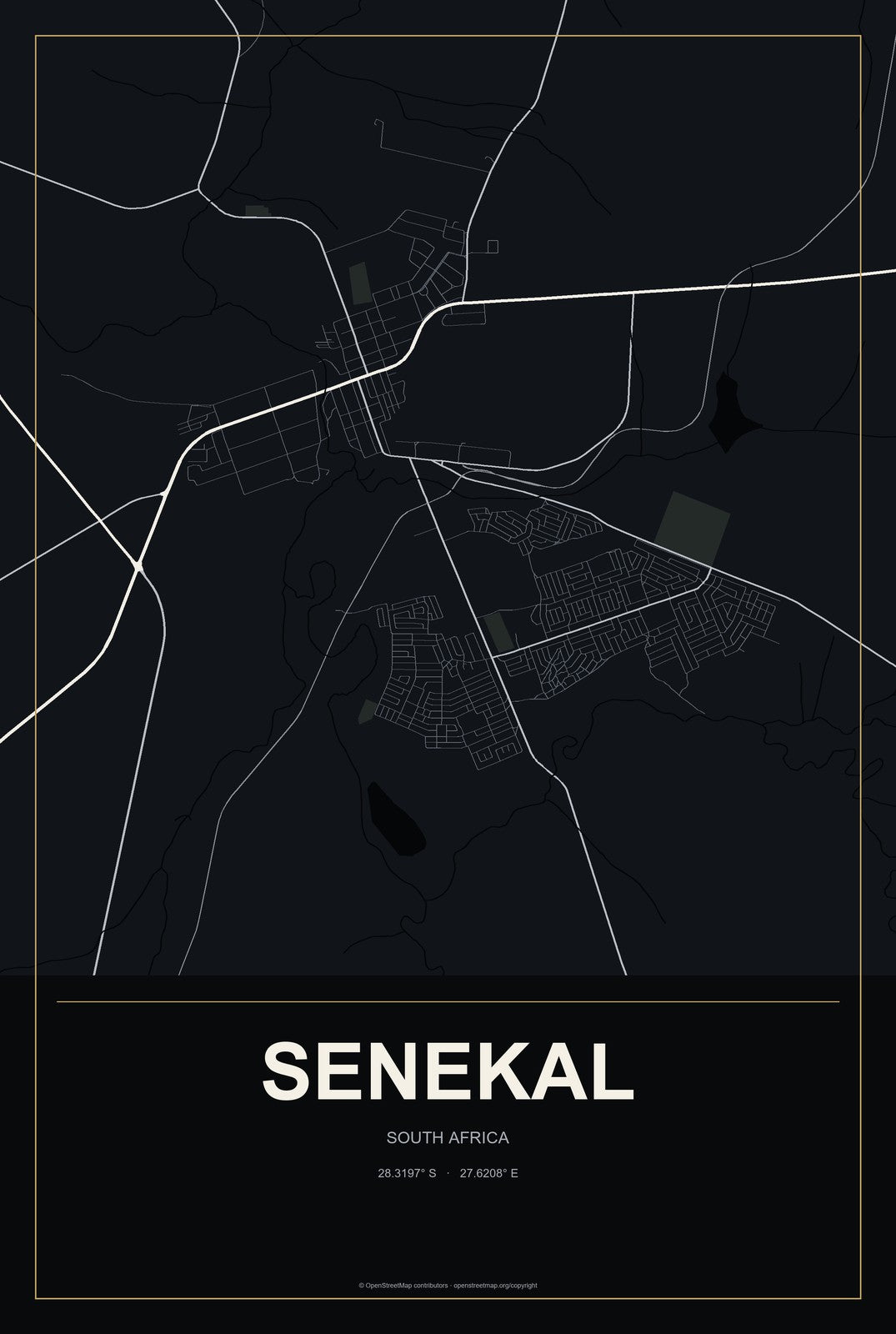 Senekal, South Africa City Map Aluminum Sign in Metropolitan Noir style