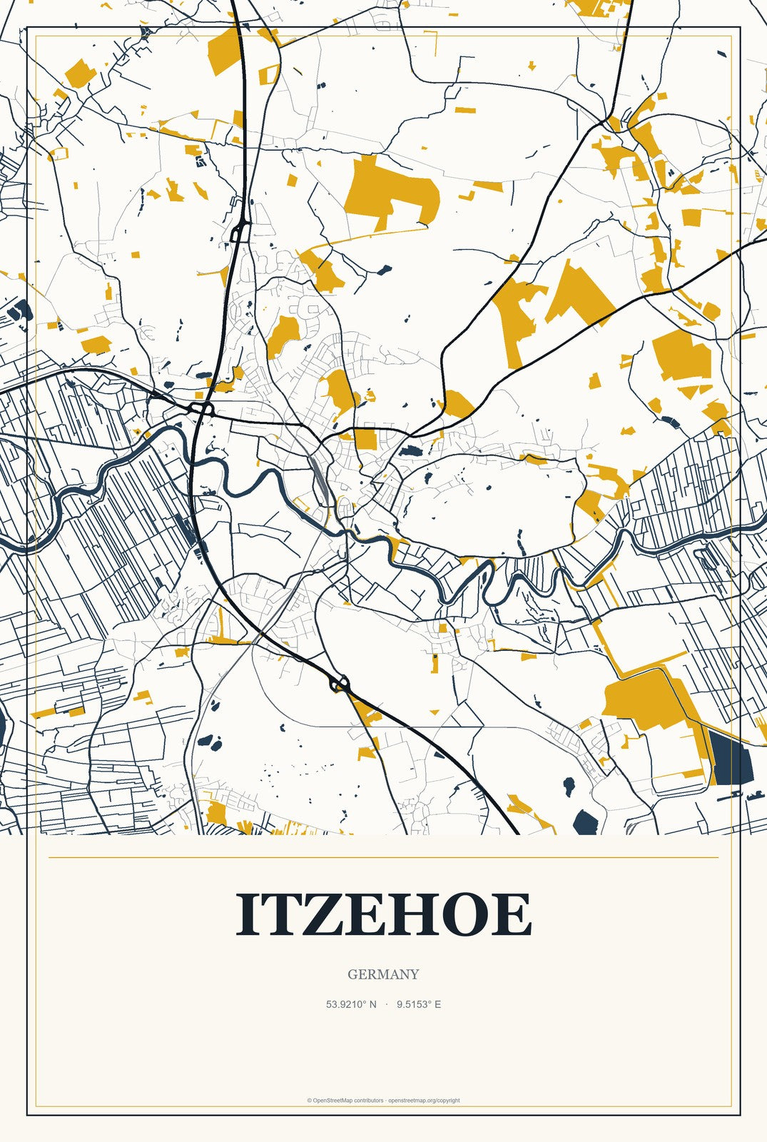 Itzehoe, Germany City Map Aluminum Sign in Citrine Modern style