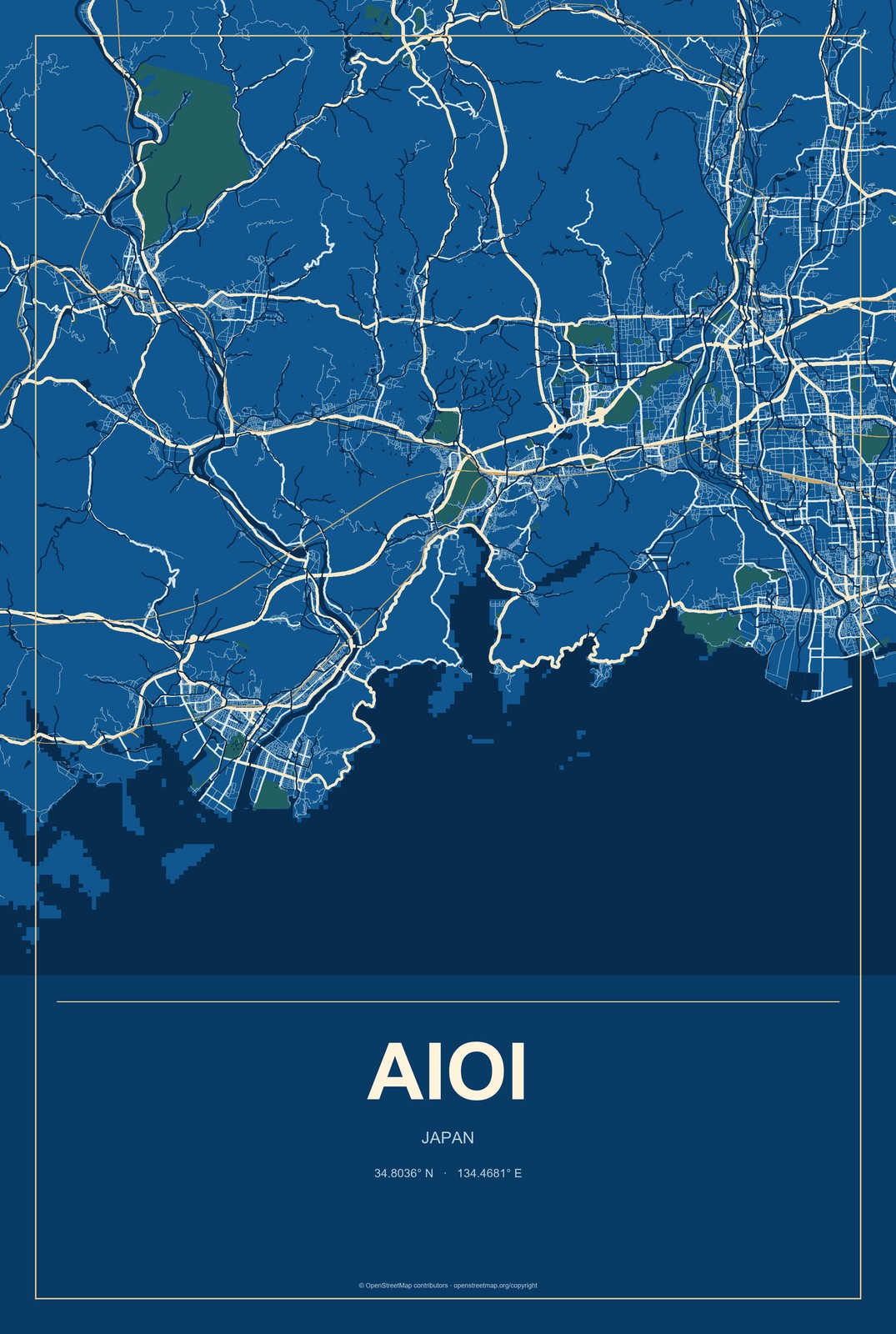 Aioi, Japan City Map Aluminum Sign in Harbor Cobalt style
