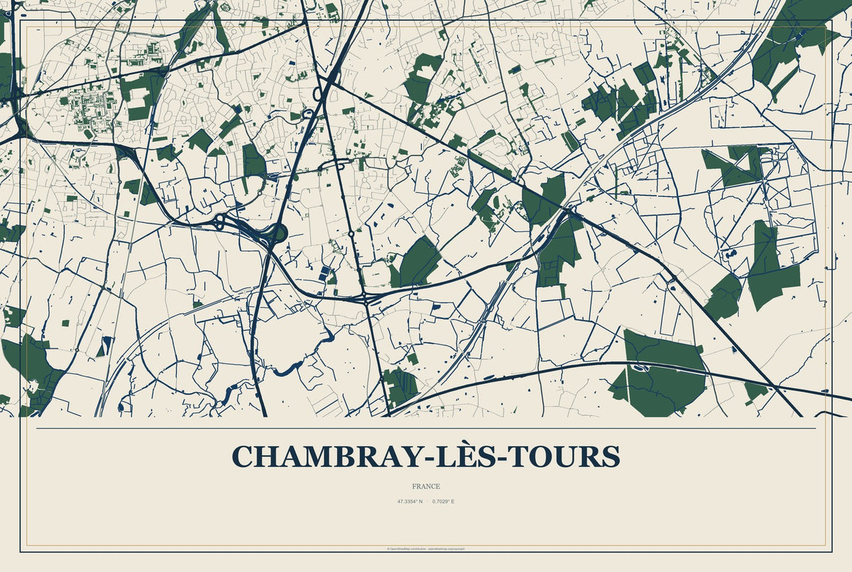 Chambray-lès-Tours, France City Map Aluminum Sign in Coastal Cutout style