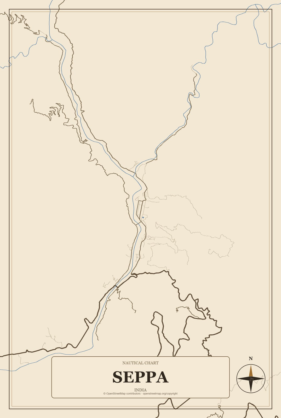 Seppa, India City Map Aluminum Sign in Heritage Nautical style