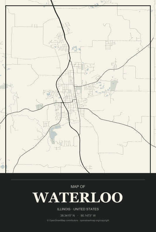 Waterloo, Illinois City Map Aluminum Sign in Museum Plaque style