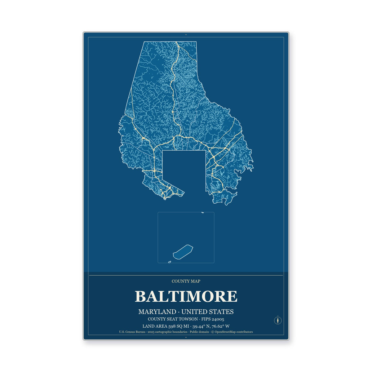 Baltimore County, Maryland Map Aluminum Sign in Harbor Cobalt style