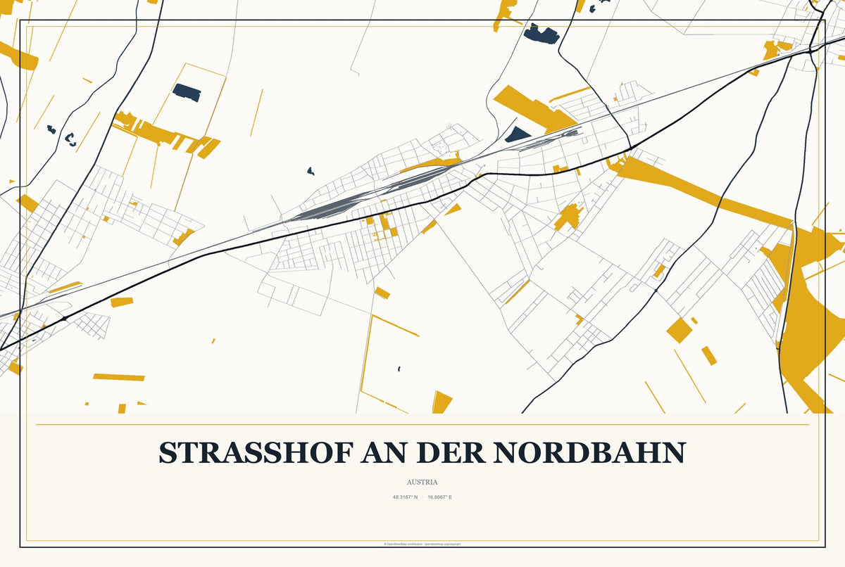 Strasshof an der Nordbahn, Austria City Map Aluminum Sign in Citrine Modern style