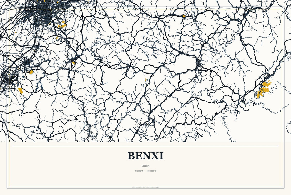 Benxi, China City Map Aluminum Sign in Citrine Modern style