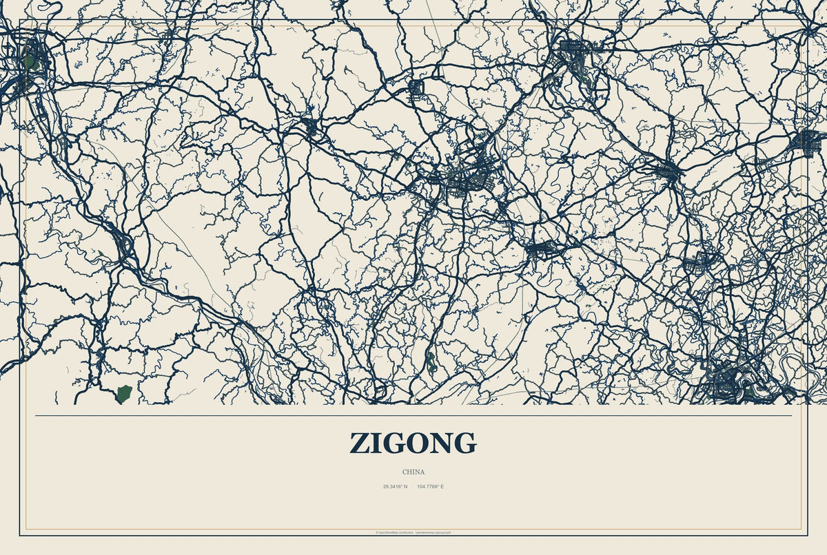 Zigong, China City Map Aluminum Sign in Coastal Cutout style