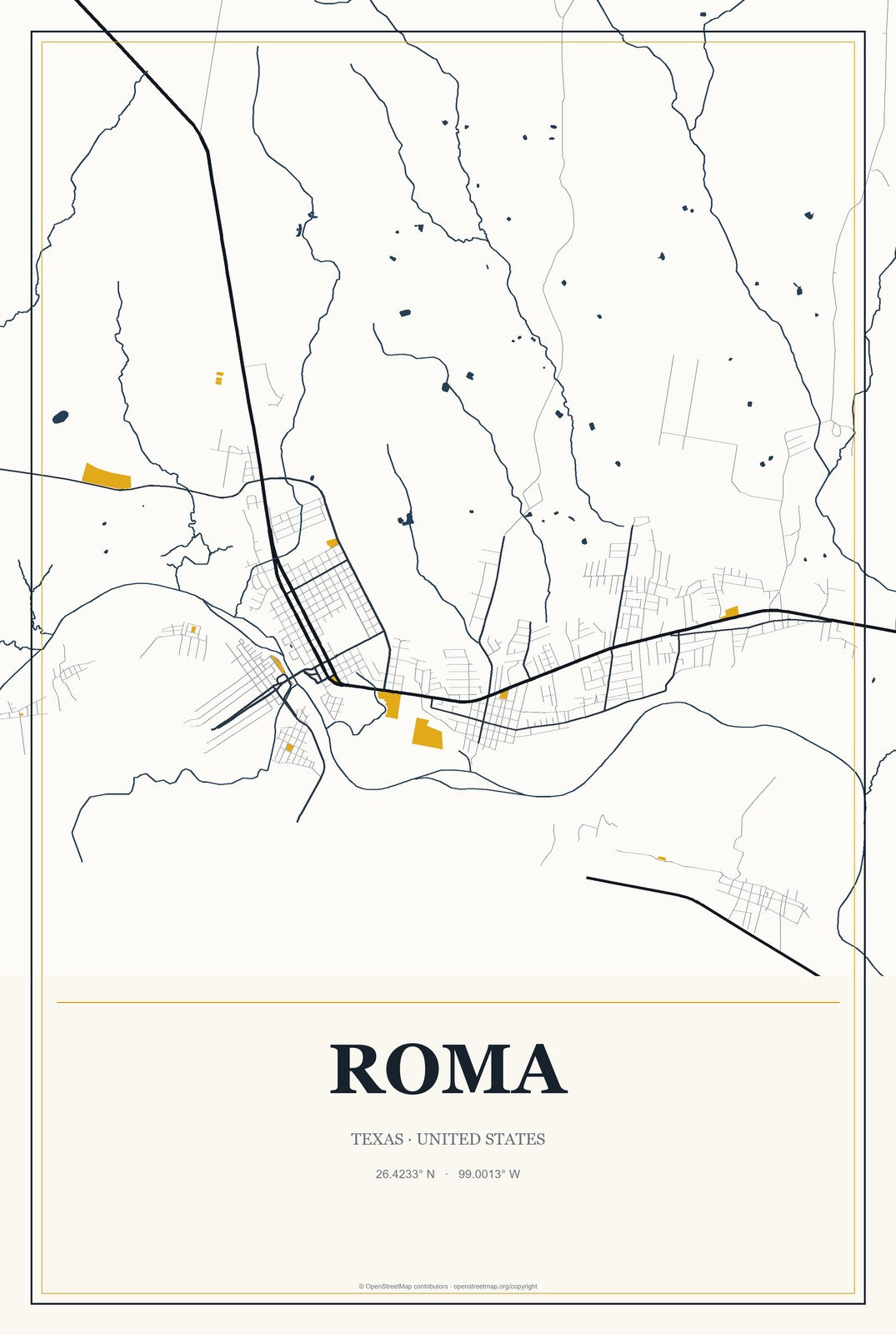 Roma, Texas City Map Aluminum Sign in Citrine Modern style
