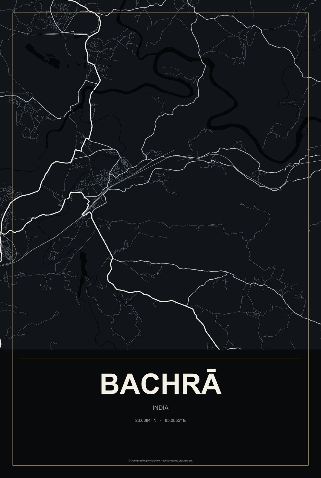 Bachrā, India City Map Aluminum Sign in Metropolitan Noir style
