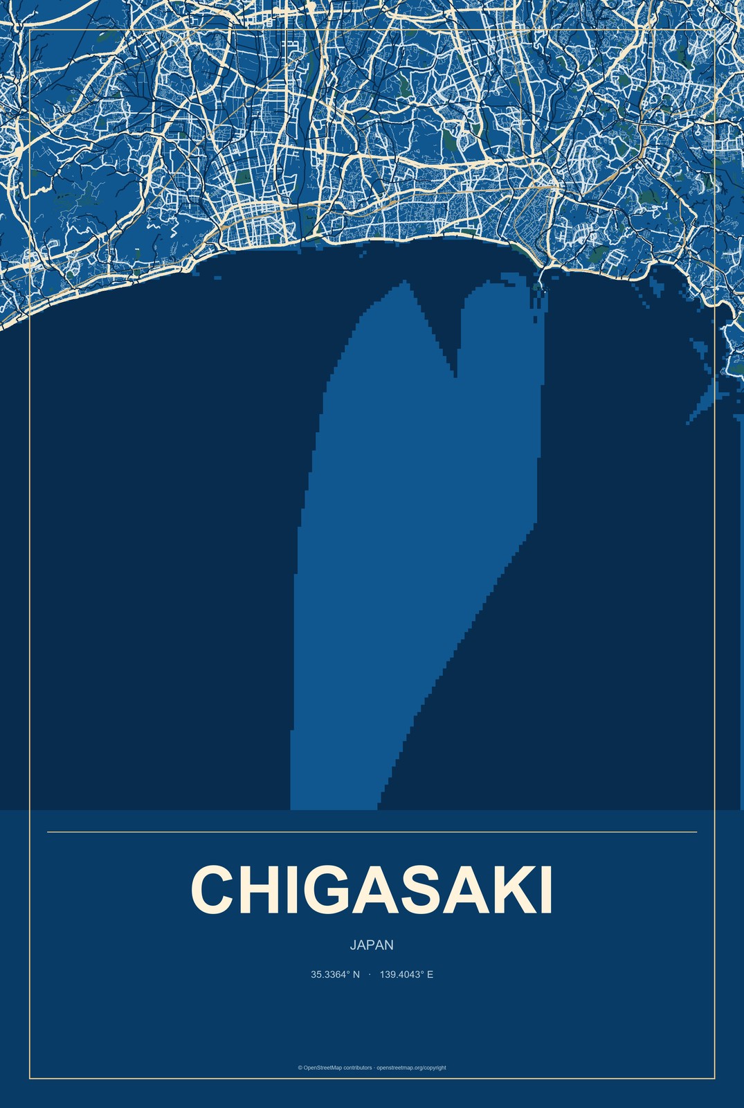 Chigasaki, Japan City Map Aluminum Sign in Harbor Cobalt style