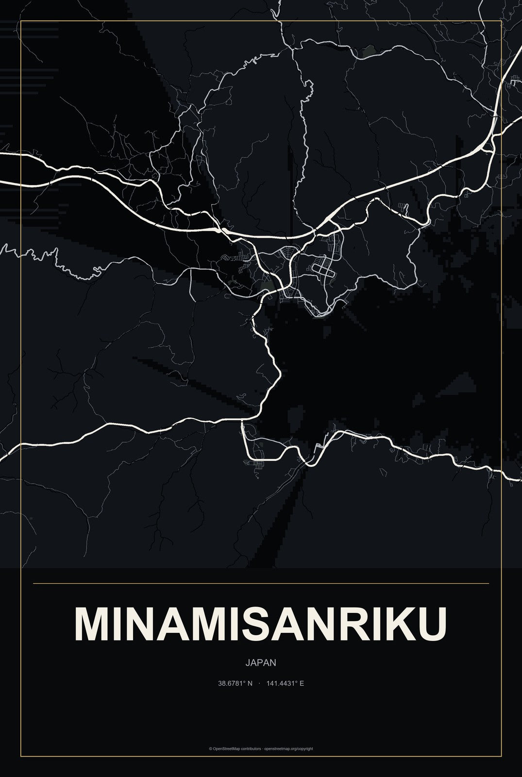 Minamisanriku, Japan City Map Aluminum Sign in Metropolitan Noir style