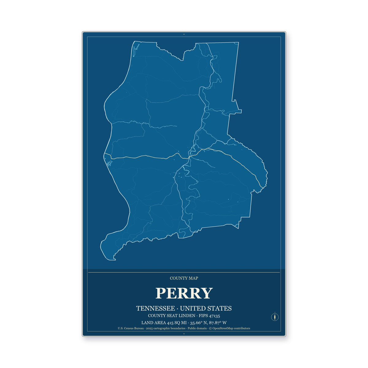 Perry County, Tennessee Map Aluminum Sign in Harbor Cobalt style