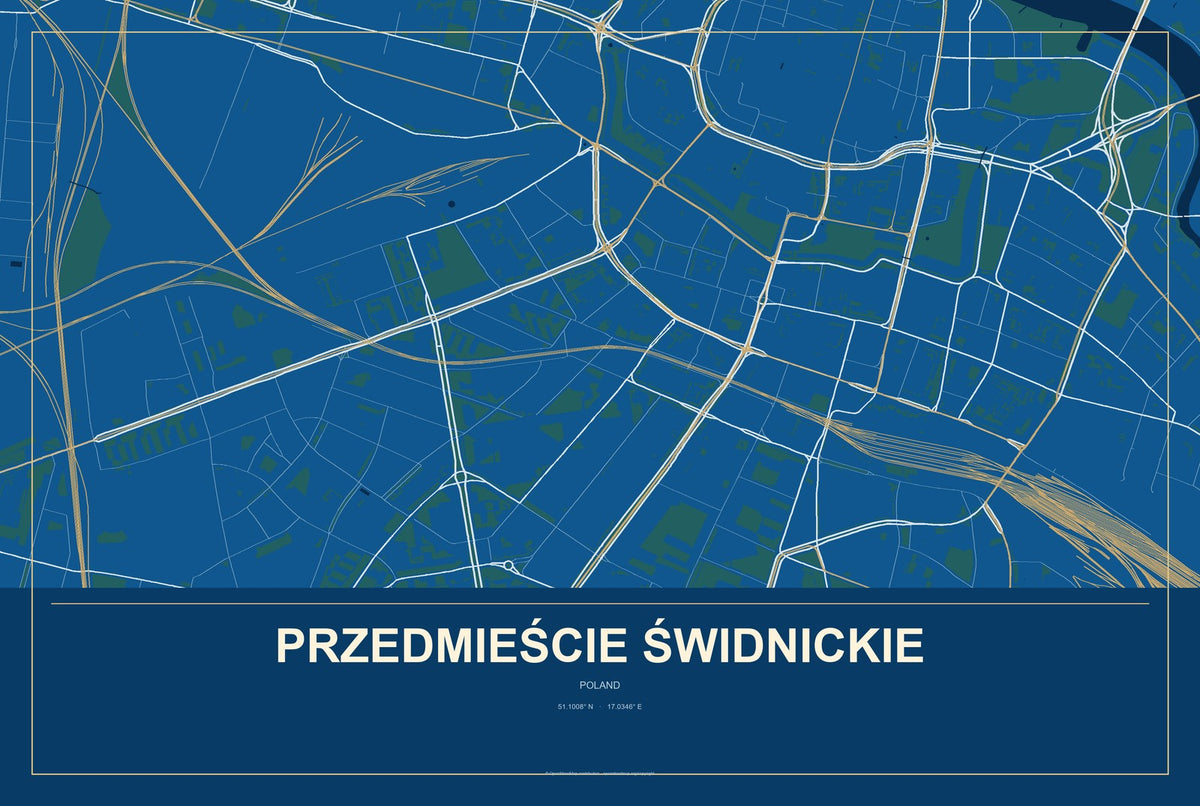Przedmieście Świdnickie, Poland City Map Aluminum Sign in Harbor Cobalt style