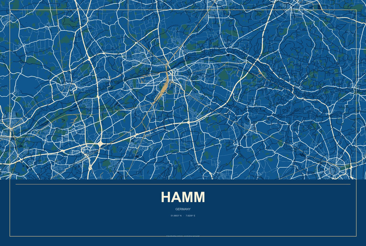 Hamm, Germany City Map Aluminum Sign in Harbor Cobalt style