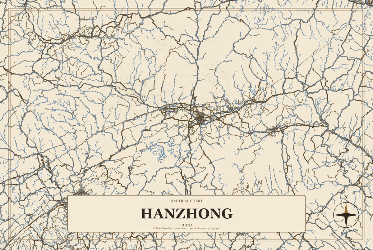Hanzhong, China City Map Aluminum Sign in Heritage Nautical style