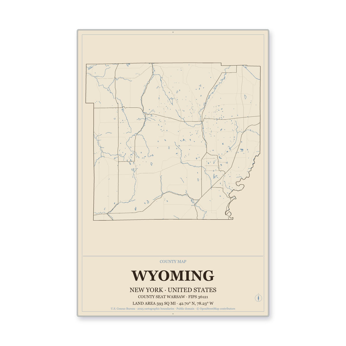 Wyoming County, New York Map Aluminum Sign in Heritage Nautical style