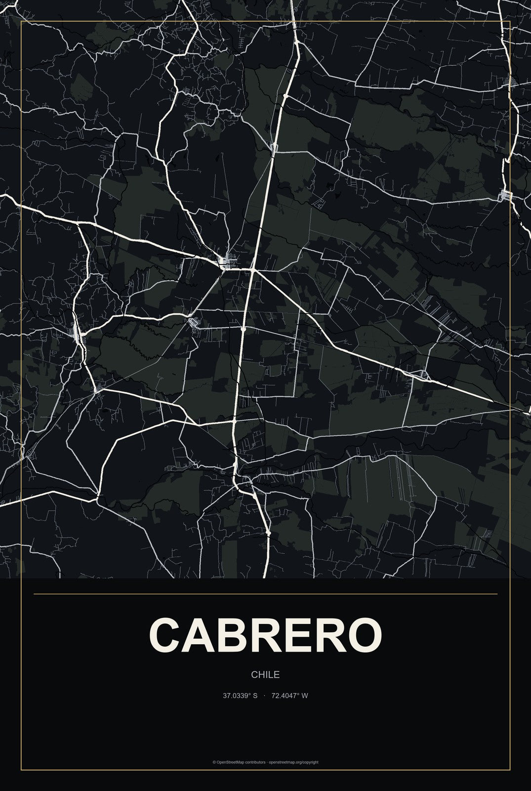 Cabrero, Chile City Map Aluminum Sign in Metropolitan Noir style