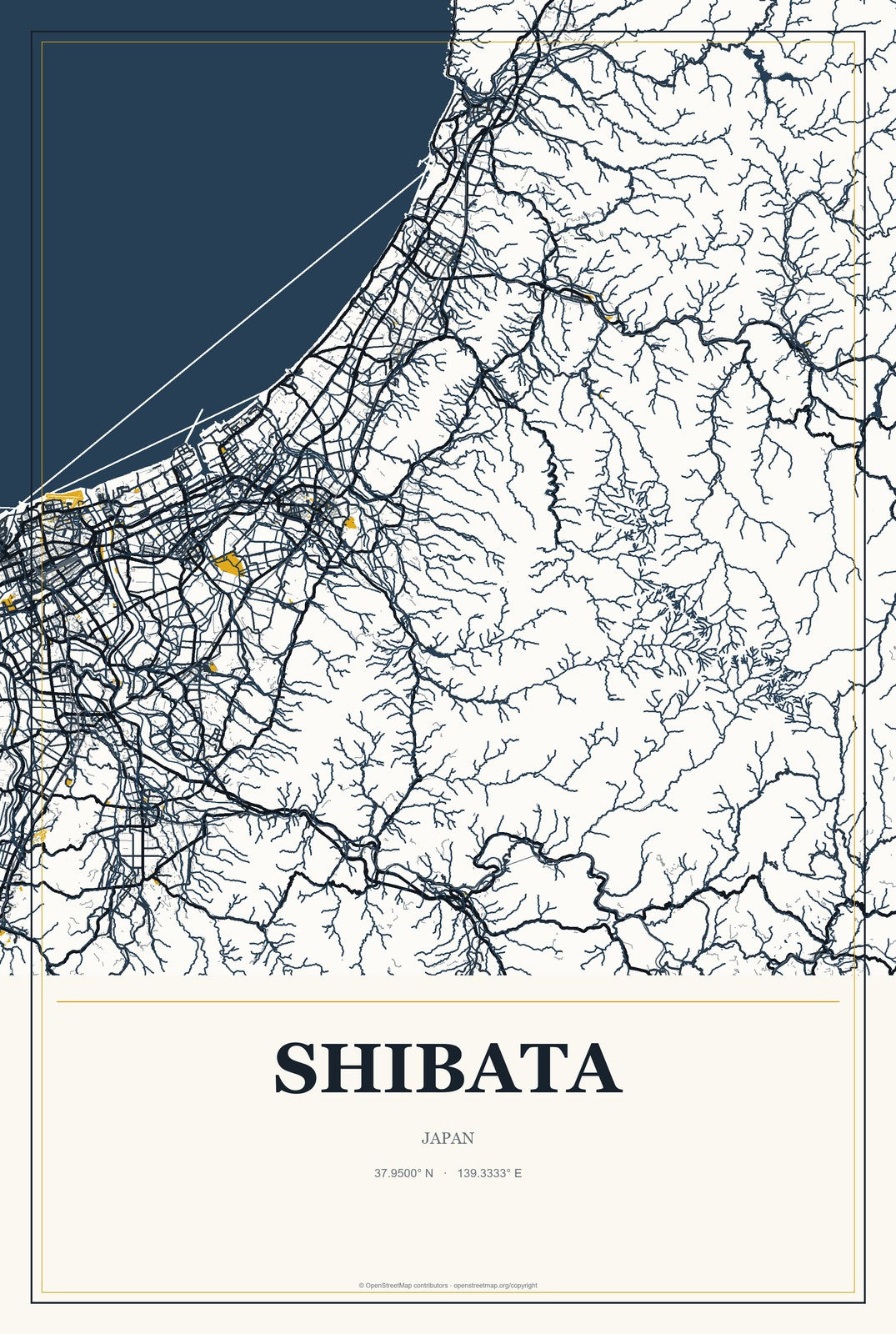 Shibata, Japan City Map Aluminum Sign in Citrine Modern style