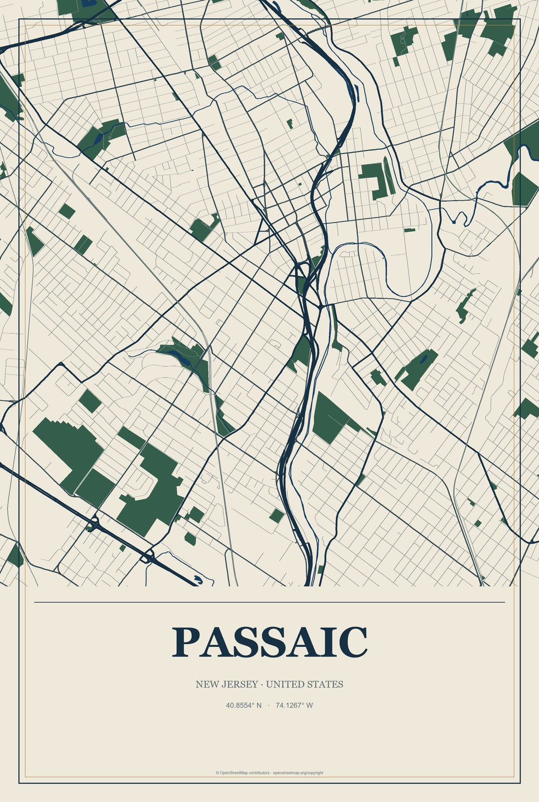 Passaic, New Jersey City Map Aluminum Sign in Coastal Cutout style