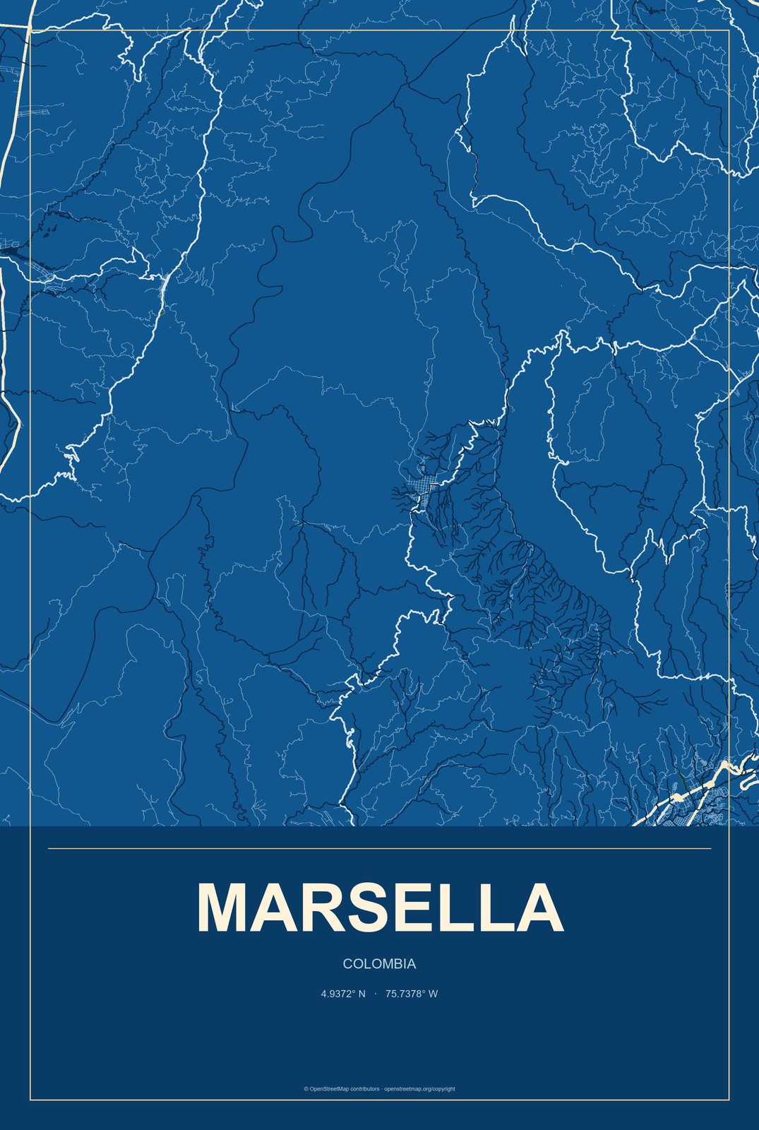 Marsella, Colombia City Map Aluminum Sign in Harbor Cobalt style