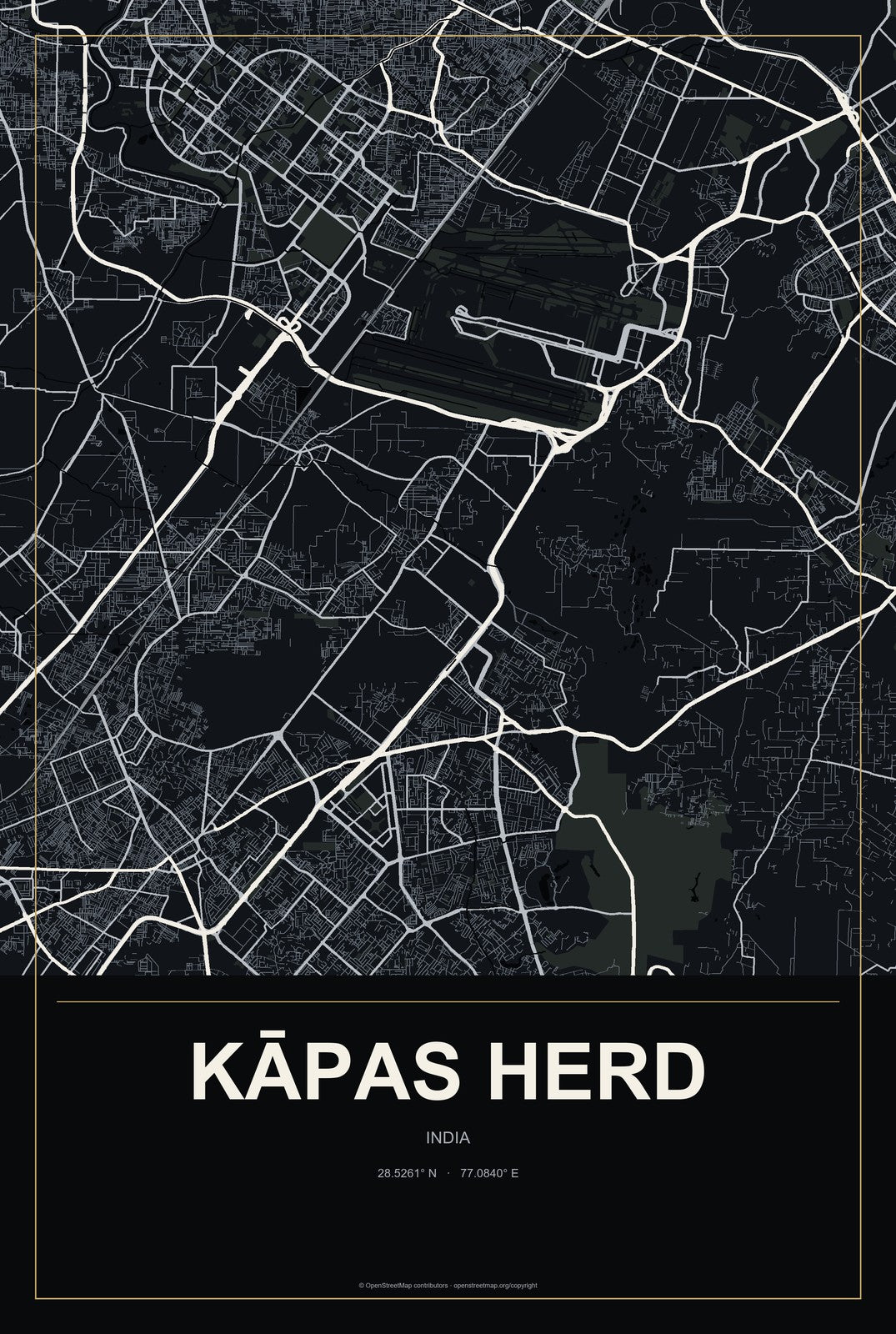 Kāpas Herd, India City Map Aluminum Sign in Metropolitan Noir style