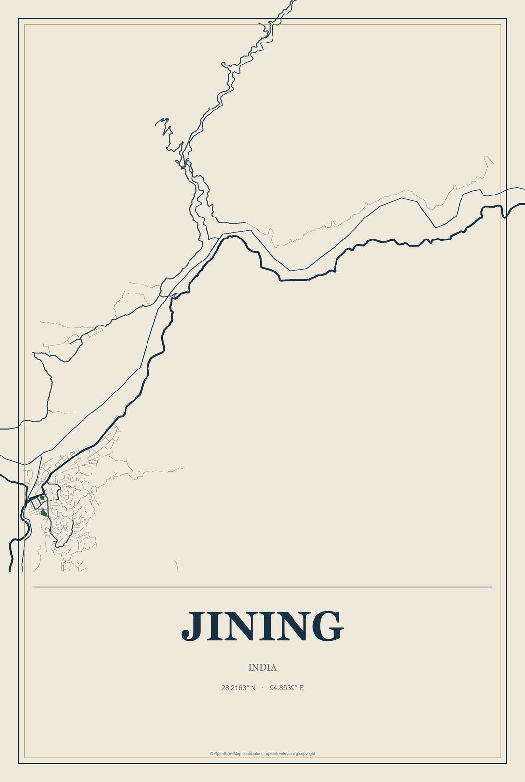 Jining, India City Map Aluminum Sign in Coastal Cutout style