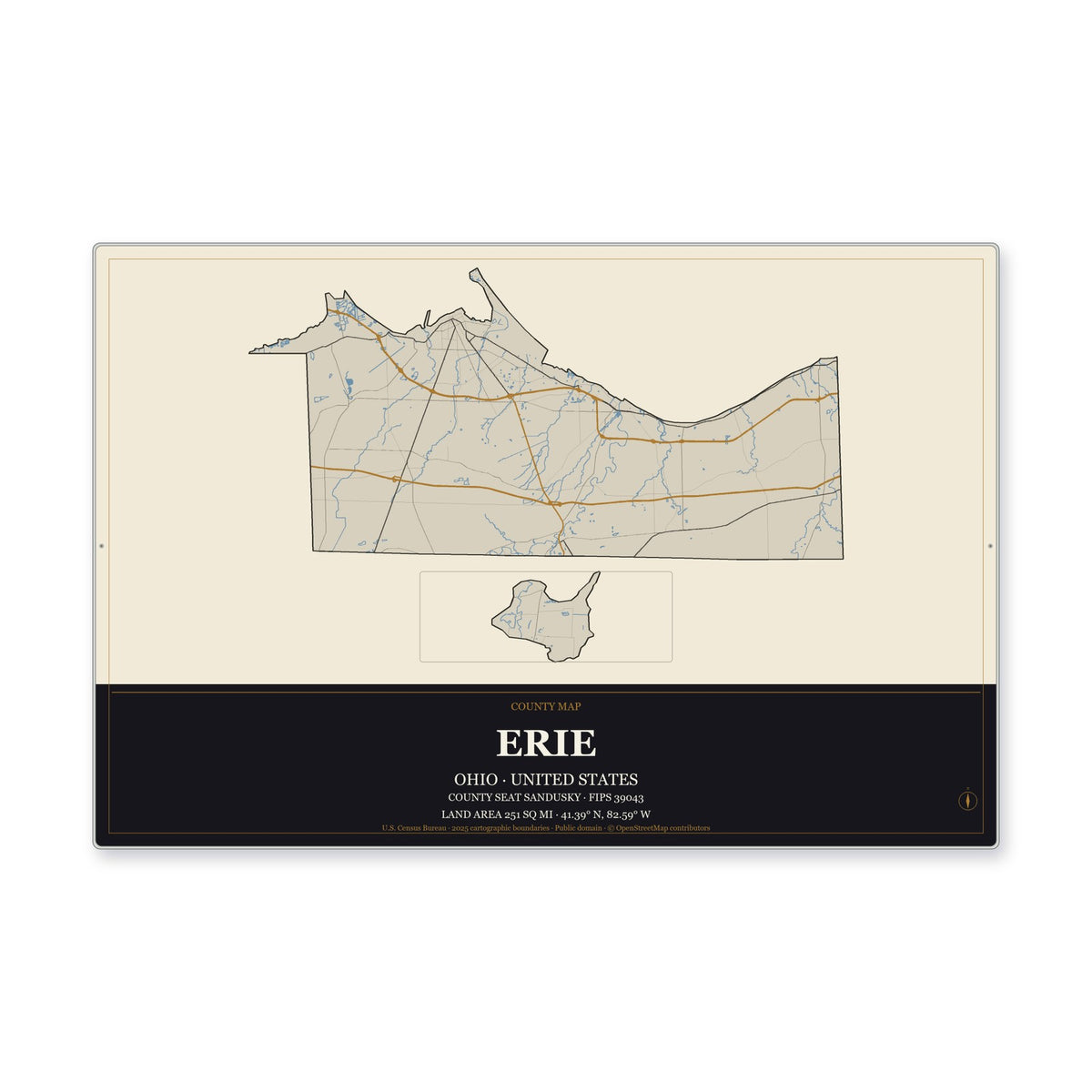 Erie County, Ohio Map Aluminum Sign in Museum Plaque style
