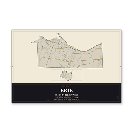 Erie County, Ohio Map Aluminum Sign in Museum Plaque style