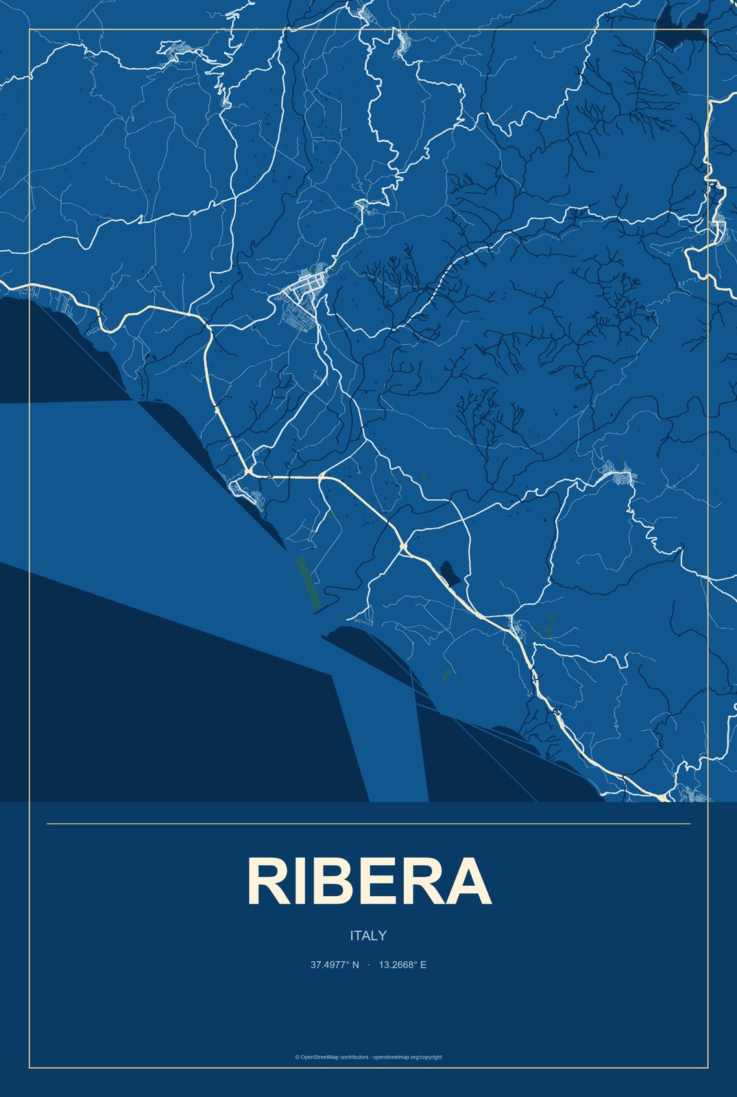 Ribera, Italy City Map Aluminum Sign in Harbor Cobalt style