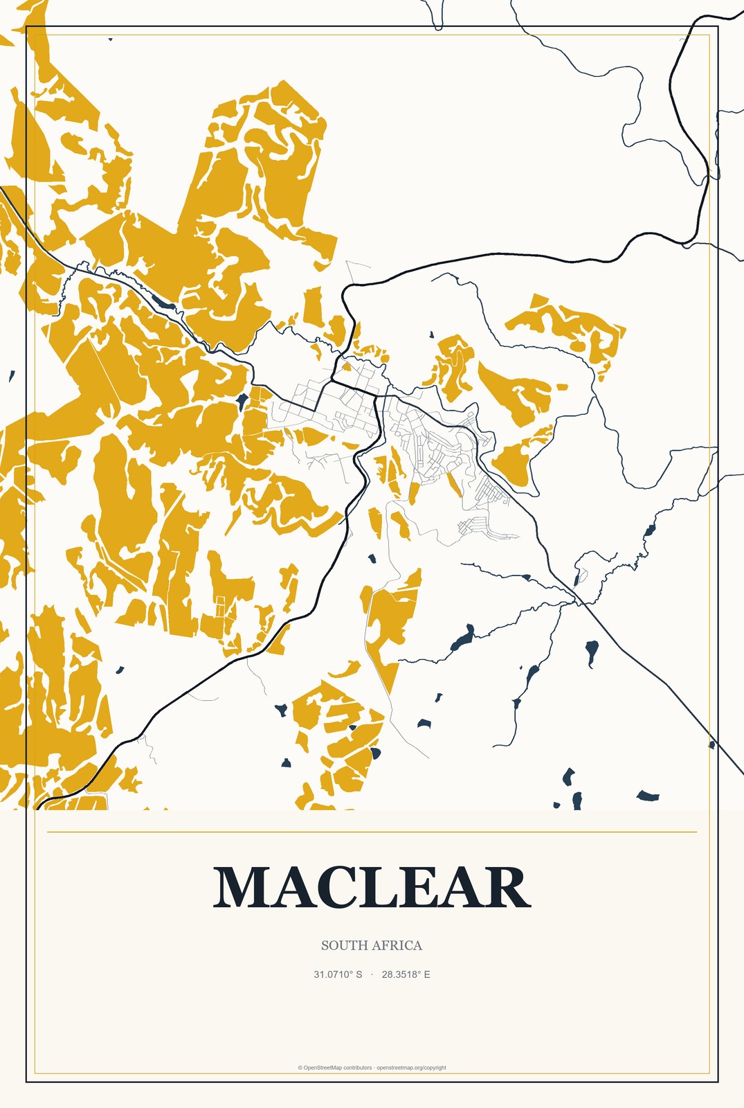 Maclear, South Africa City Map Aluminum Sign in Citrine Modern style