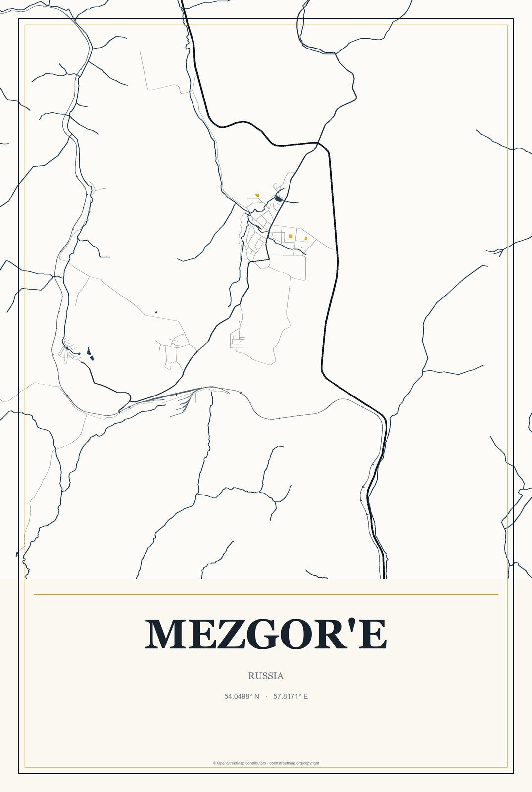 Mezgor'e, Russia City Map Aluminum Sign in Citrine Modern style