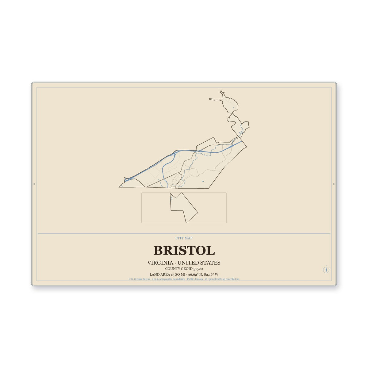 Bristol city, Virginia Map Aluminum Sign in Heritage Nautical style