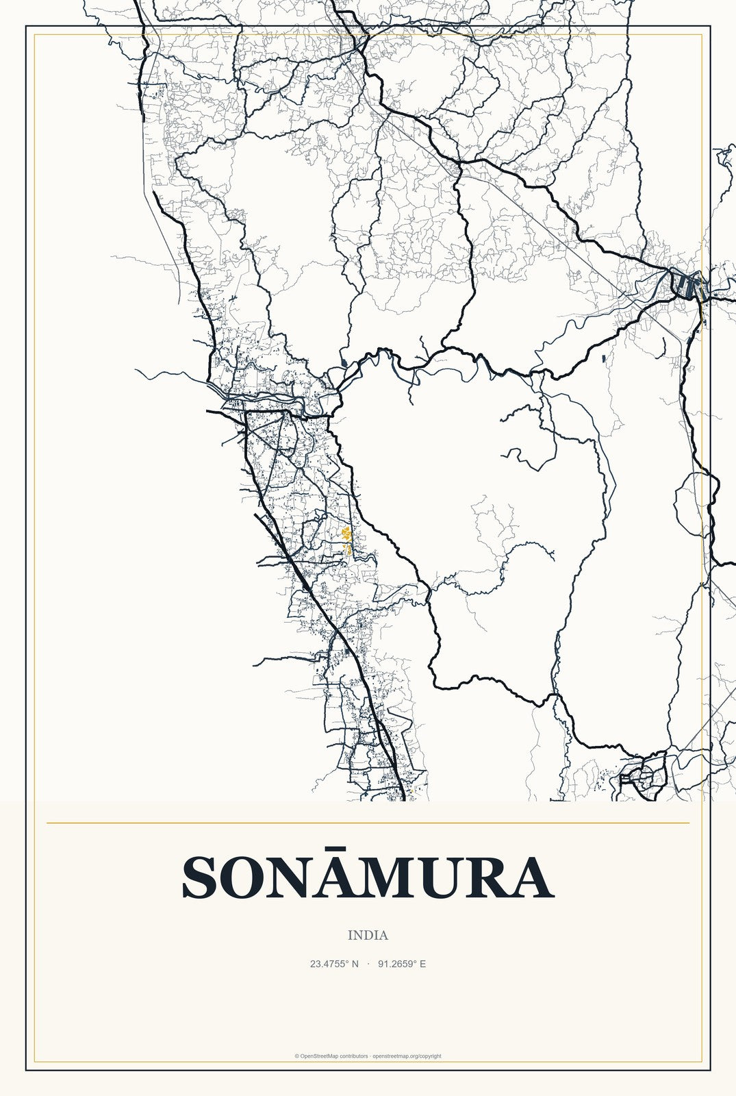 Sonāmura, India City Map Aluminum Sign in Citrine Modern style