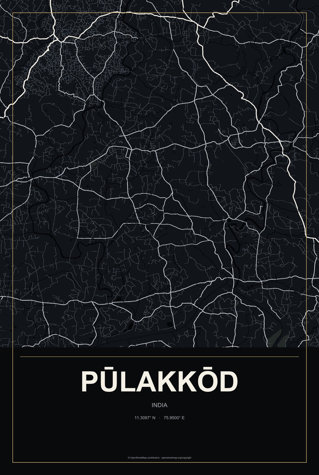 Pūlakkōd, India City Map Aluminum Sign in Metropolitan Noir style
