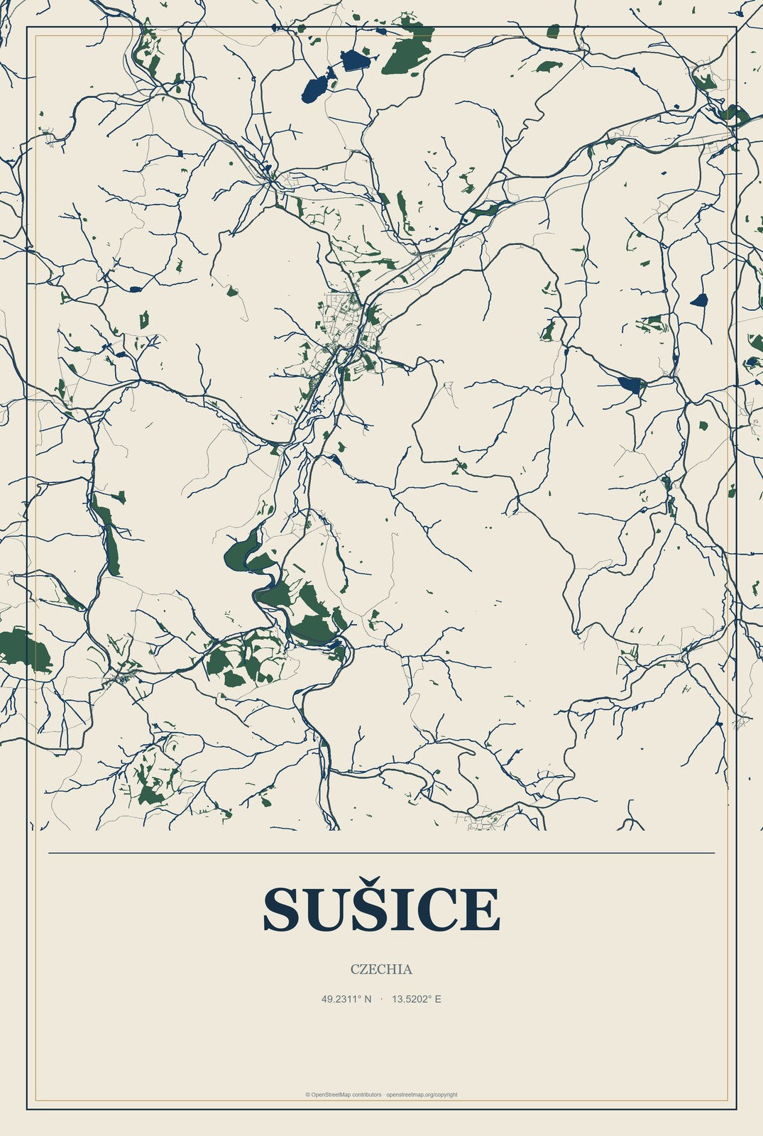 Sušice, Czechia City Map Aluminum Sign in Coastal Cutout style