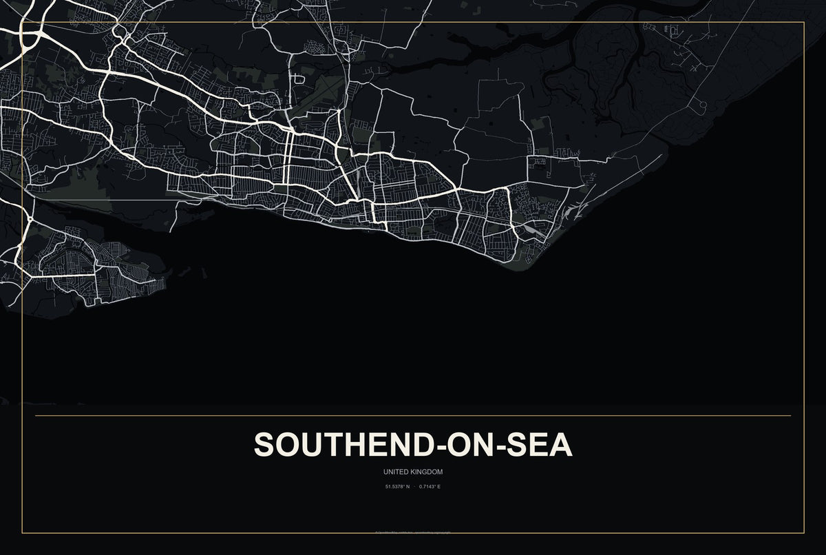 Southend-on-Sea, United Kingdom City Map Aluminum Sign in Metropolitan Noir style