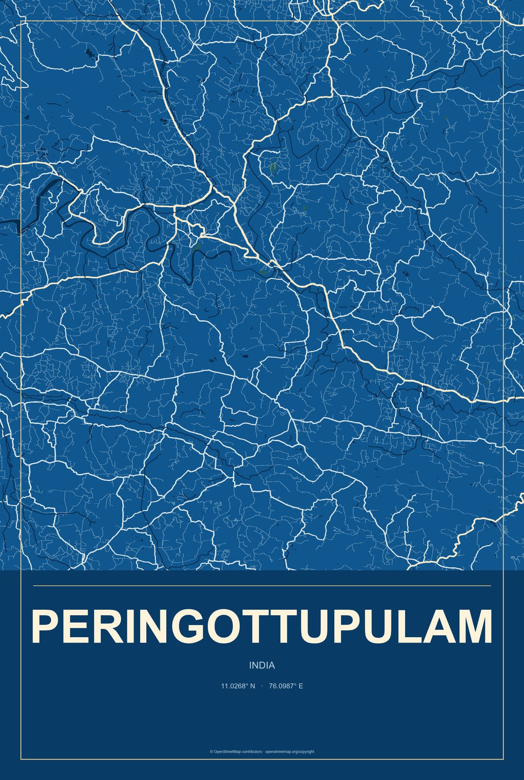 Peringottupulam, India City Map Aluminum Sign in Harbor Cobalt style