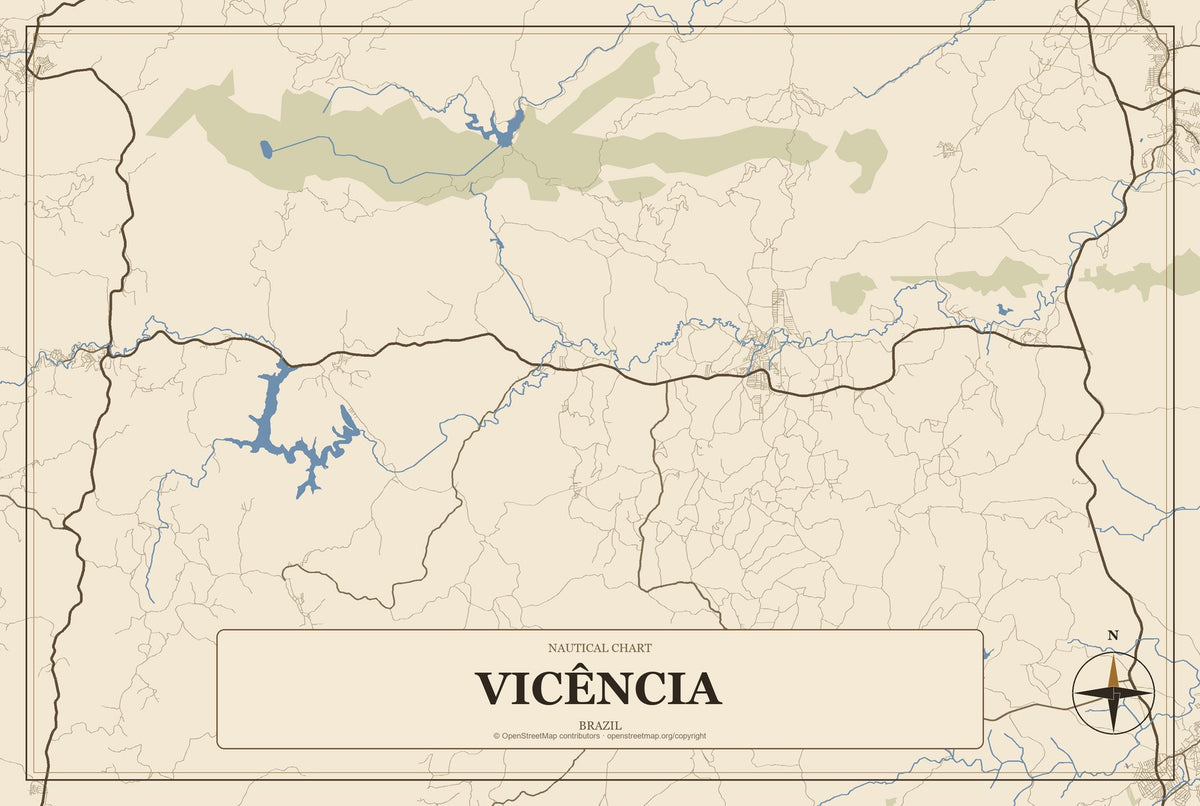 Vicência, Brazil City Map Aluminum Sign in Heritage Nautical style