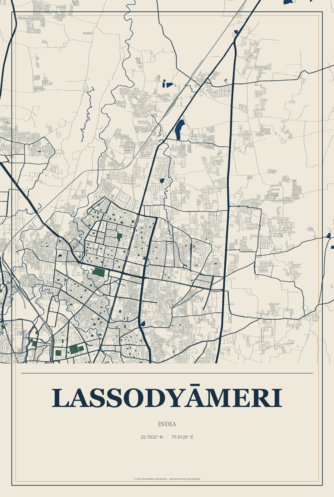 Lassodyāmeri, India City Map Aluminum Sign in Coastal Cutout style