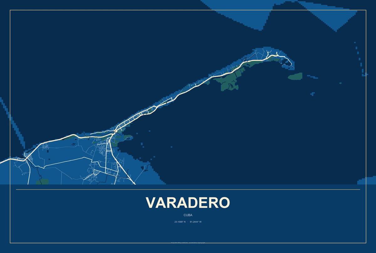 Varadero, Cuba City Map Aluminum Sign in Harbor Cobalt style